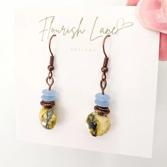 Serpentine Stone & Copper Boho Dangle Earrings - Picture 3 of 10